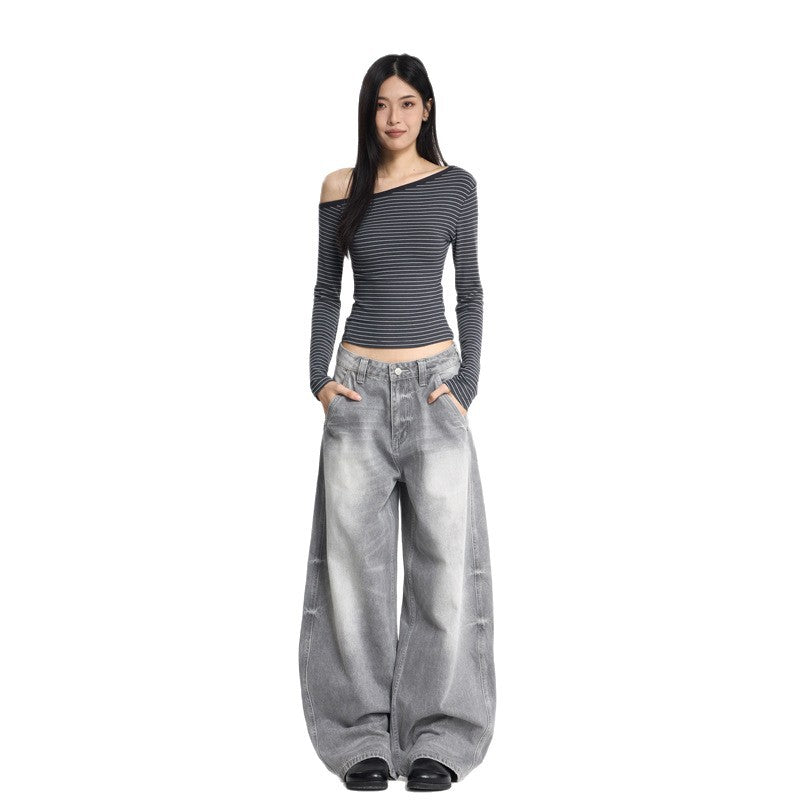 Wide Leg Denim Pants Unisex Oversized Relaxed Fit Street Style Washed Knife Cut Jeans