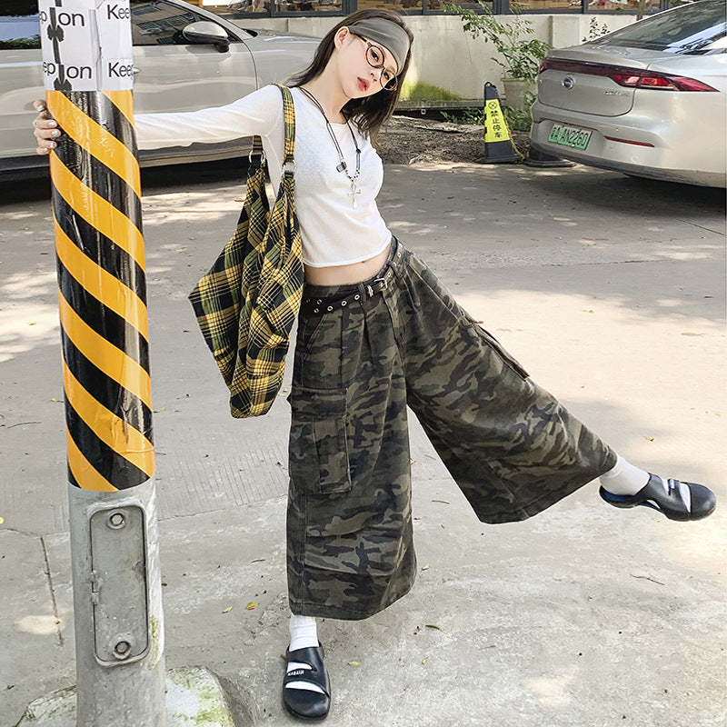 Casual Loose 7/8 Camouflage Pants for Women,Distressed Straight Leg Wide Leg Cargo Style