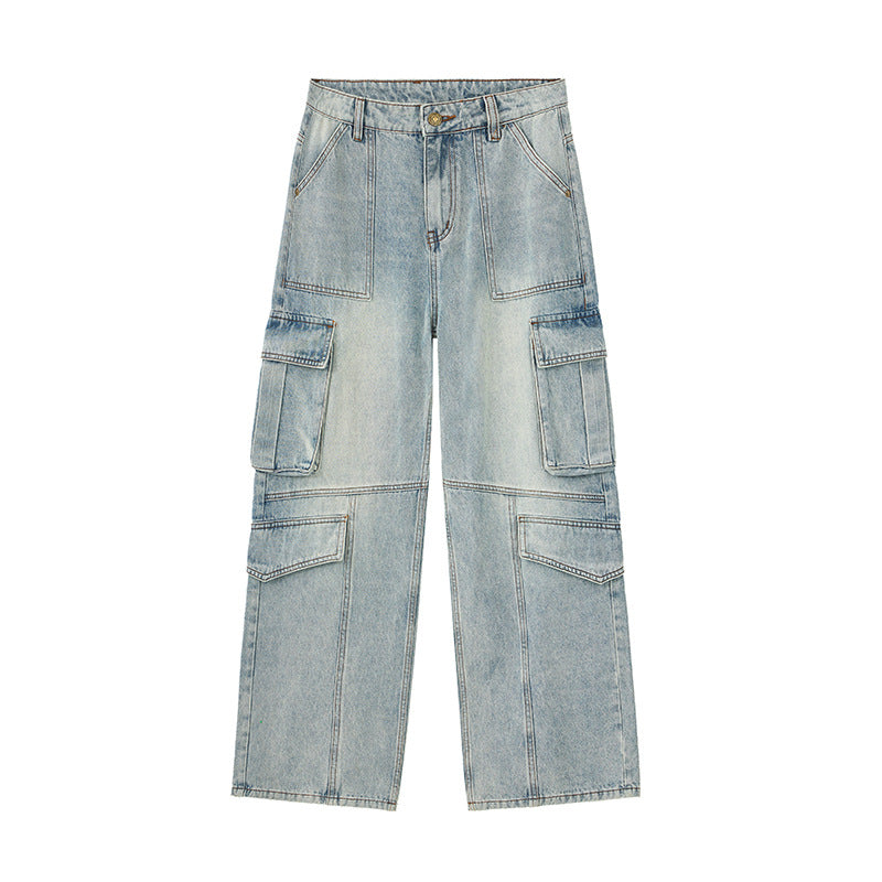 Light Wash Heavy Duty Cargo Denim Pants for Men and Women with Multiple Pockets