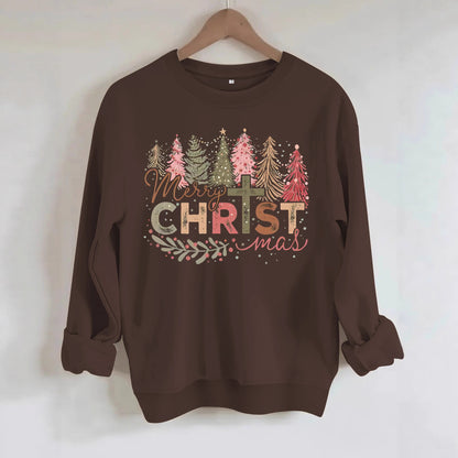 Christmas tree print round neck long sleeved sweatshirt