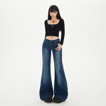 Blue Low-Waist Flared Jeans for Women Autumn Casual Versatile Hanging Flared Pants