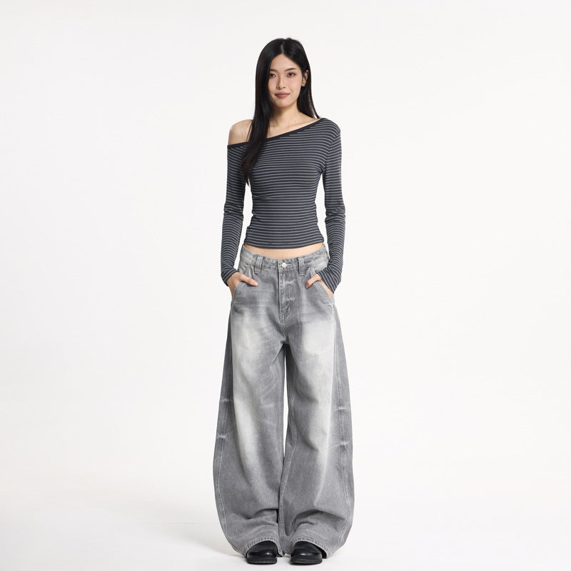 Wide Leg Denim Pants Unisex Oversized Relaxed Fit Street Style Washed Knife Cut Jeans