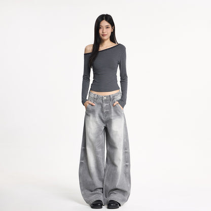 Wide Leg Denim Pants Unisex Oversized Relaxed Fit Street Style Washed Knife Cut Jeans