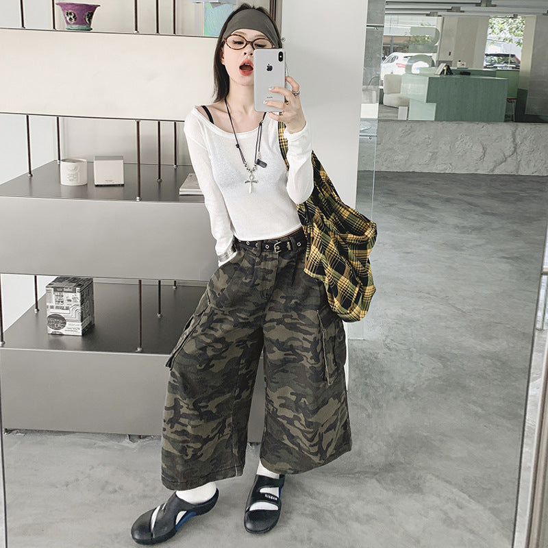 Casual Loose 7/8 Camouflage Pants for Women,Distressed Straight Leg Wide Leg Cargo Style