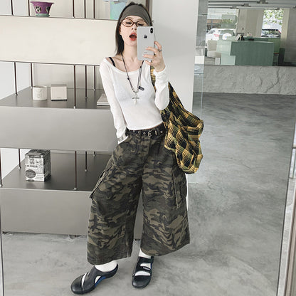 Casual Loose 7/8 Camouflage Pants for Women,Distressed Straight Leg Wide Leg Cargo Style