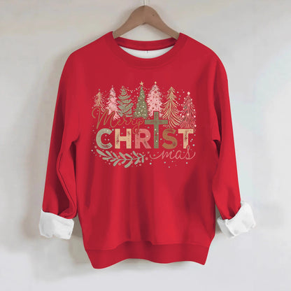 Christmas tree print round neck long sleeved sweatshirt