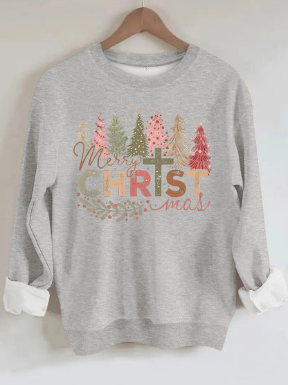 Christmas tree print round neck long sleeved sweatshirt