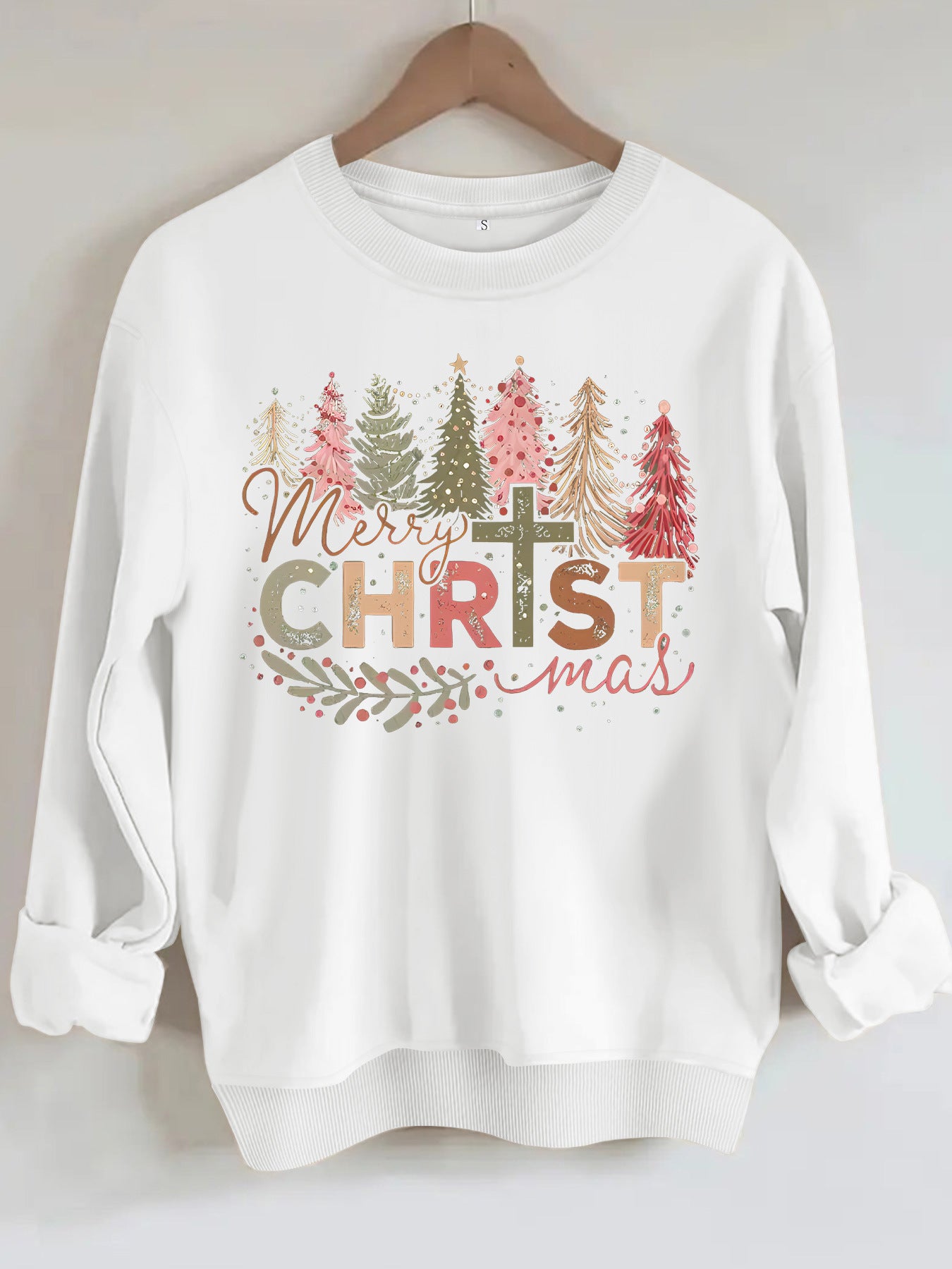 Christmas tree print round neck long sleeved sweatshirt
