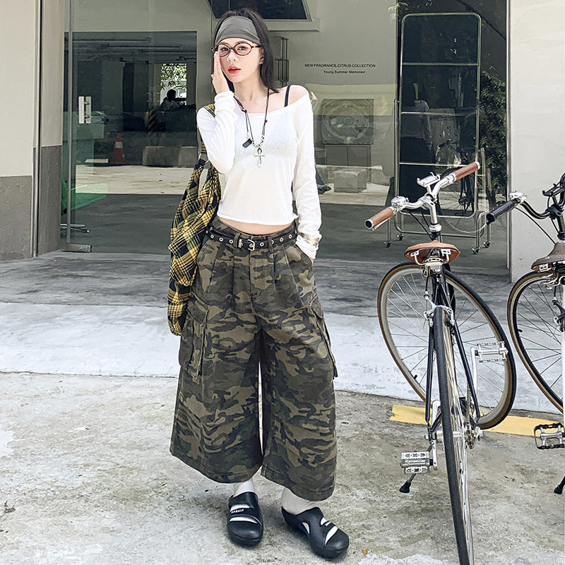 Casual Loose 7/8 Camouflage Pants for Women,Distressed Straight Leg Wide Leg Cargo Style