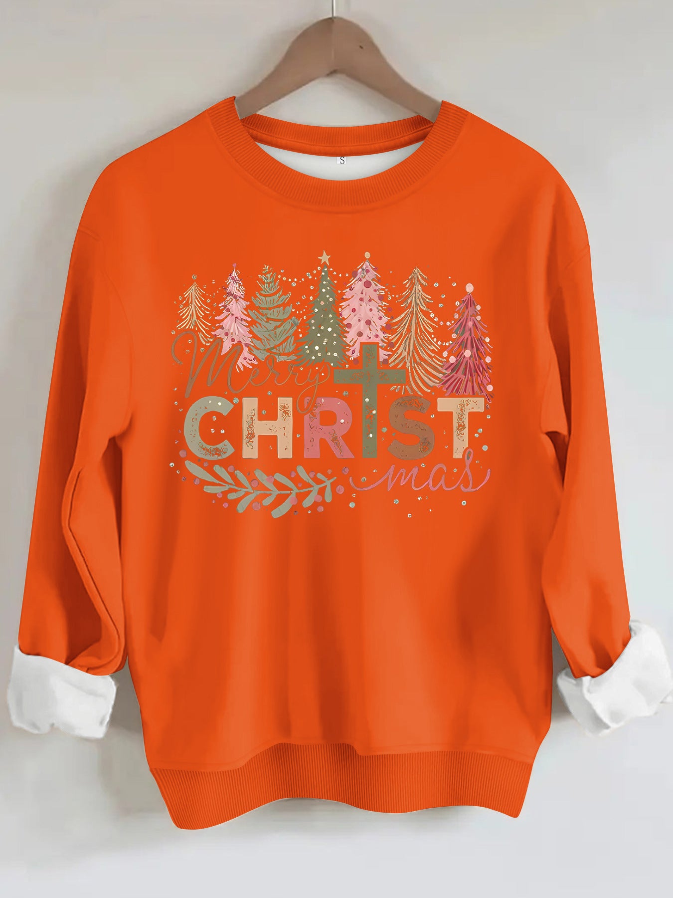 Christmas tree print round neck long sleeved sweatshirt