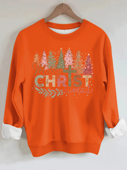 Christmas tree print round neck long sleeved sweatshirt