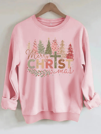 Christmas tree print round neck long sleeved sweatshirt