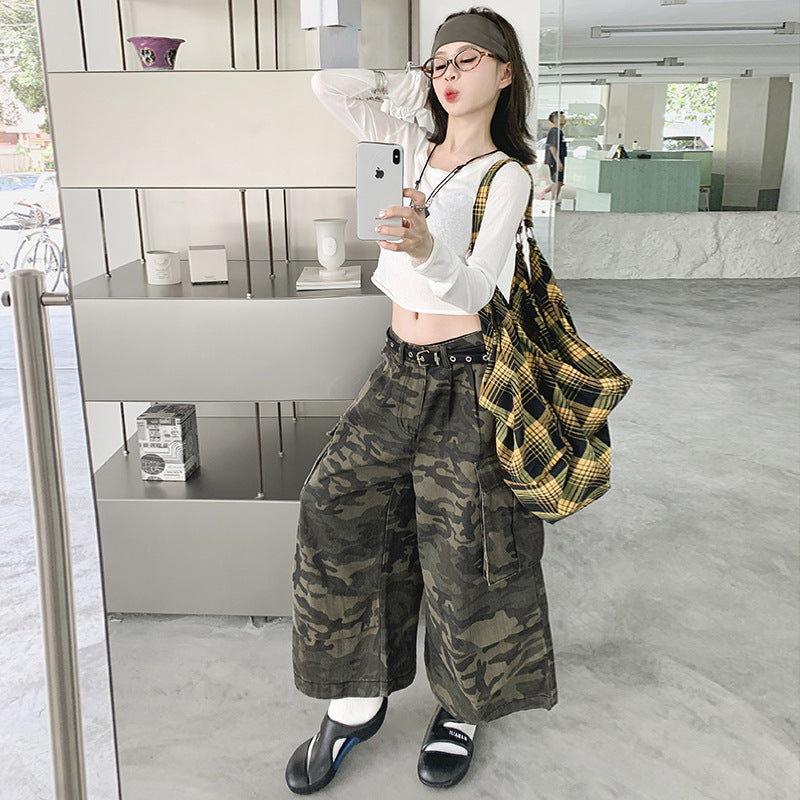 Casual Loose 7/8 Camouflage Pants for Women,Distressed Straight Leg Wide Leg Cargo Style
