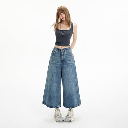High-Waisted Loose Wide-Leg Pants Flowy Versatile Cropped Straight-Leg Jeans for Women