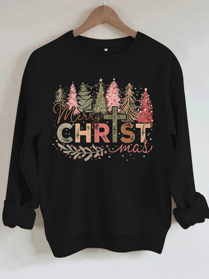 Christmas tree print round neck long sleeved sweatshirt