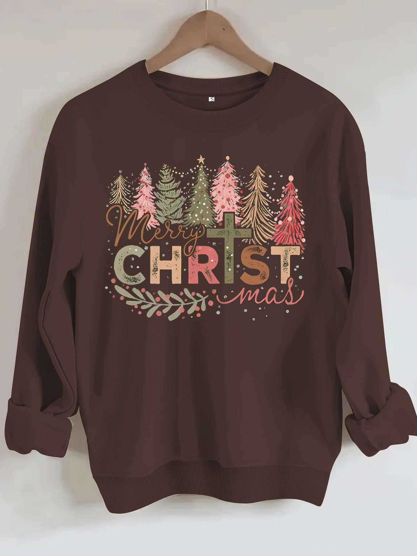 Christmas tree print round neck long sleeved sweatshirt