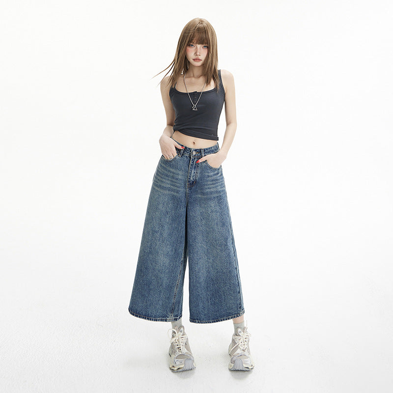 High-Waisted Loose Wide-Leg Pants Flowy Versatile Cropped Straight-Leg Jeans for Women