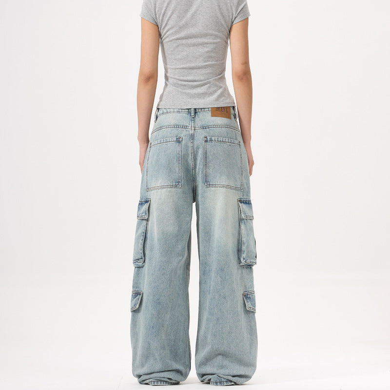 Light Wash Heavy Duty Cargo Denim Pants for Men and Women with Multiple Pockets