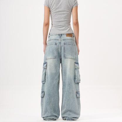 Light Wash Heavy Duty Cargo Denim Pants for Men and Women with Multiple Pockets