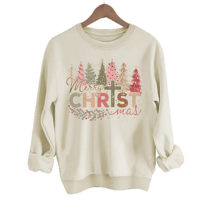 Christmas tree print round neck long sleeved sweatshirt