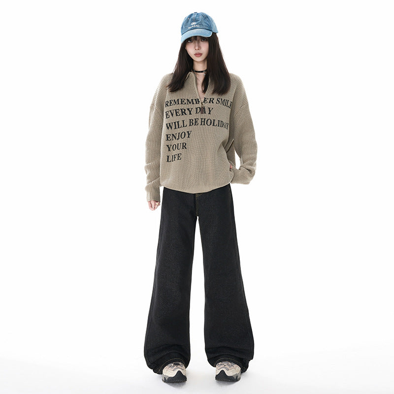 Black Denim Flared Pants for Women Loose Fit Wide Leg Tapered Bottoms Summer