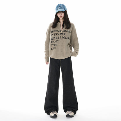 Black Denim Flared Pants for Women Loose Fit Wide Leg Tapered Bottoms Summer