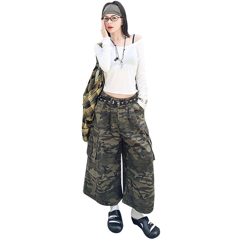Casual Loose 7/8 Camouflage Pants for Women,Distressed Straight Leg Wide Leg Cargo Style