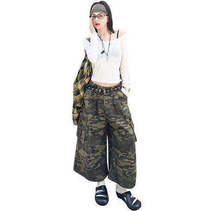 Casual Loose 7/8 Camouflage Pants for Women,Distressed Straight Leg Wide Leg Cargo Style