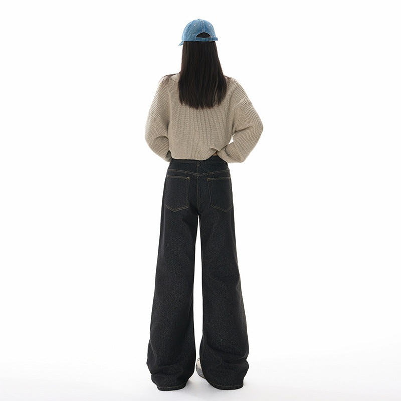 Black Denim Flared Pants for Women Loose Fit Wide Leg Tapered Bottoms Summer
