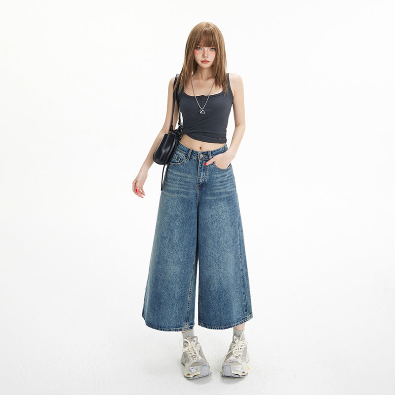 High-Waisted Loose Wide-Leg Pants Flowy Versatile Cropped Straight-Leg Jeans for Women