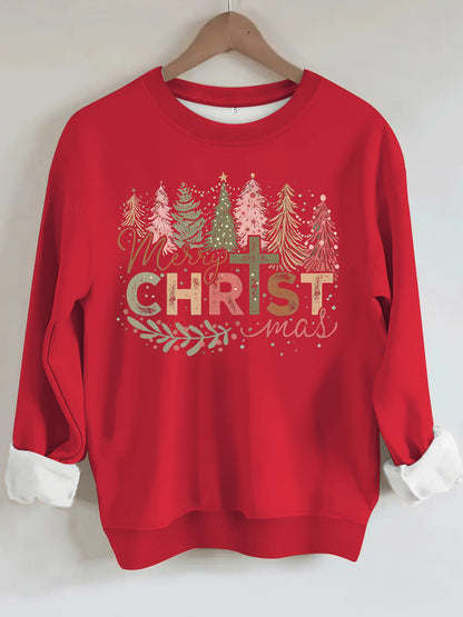Christmas tree print round neck long sleeved sweatshirt