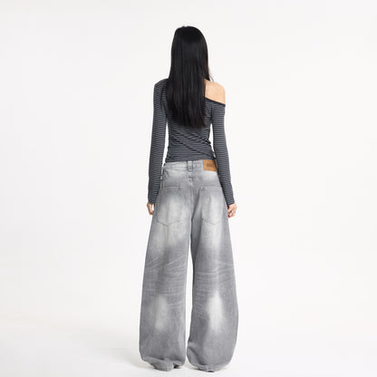 Wide Leg Denim Pants Unisex Oversized Relaxed Fit Street Style Washed Knife Cut Jeans