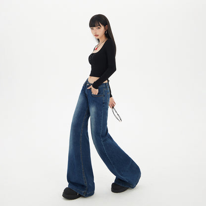 Blue Low-Waist Flared Jeans for Women Autumn Casual Versatile Hanging Flared Pants
