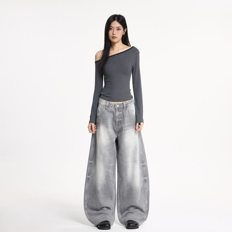 Wide Leg Denim Pants Unisex Oversized Relaxed Fit Street Style Washed Knife Cut Jeans