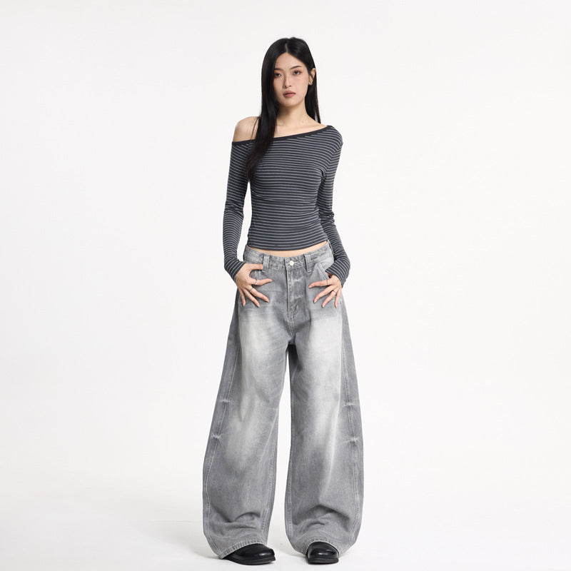 Wide Leg Denim Pants Unisex Oversized Relaxed Fit Street Style Washed Knife Cut Jeans