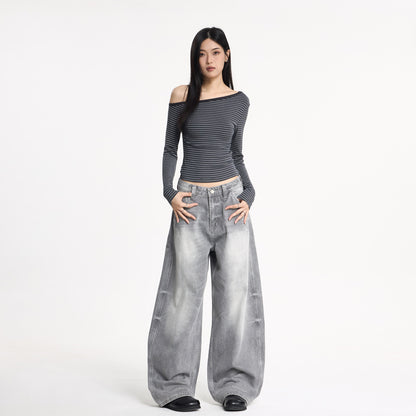 Wide Leg Denim Pants Unisex Oversized Relaxed Fit Street Style Washed Knife Cut Jeans