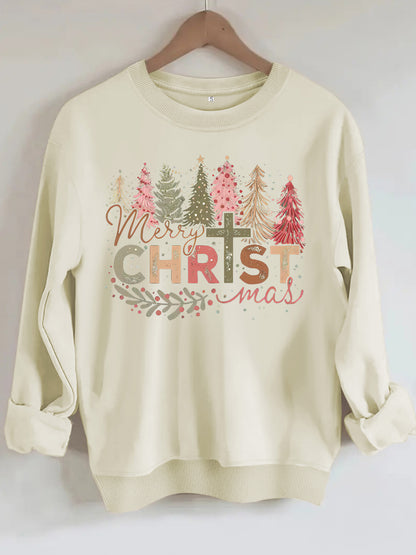Christmas tree print round neck long sleeved sweatshirt