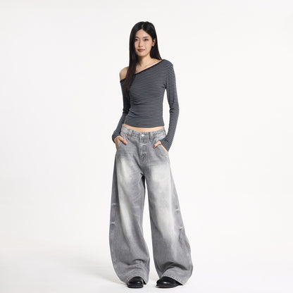 Wide Leg Denim Pants Unisex Oversized Relaxed Fit Street Style Washed Knife Cut Jeans