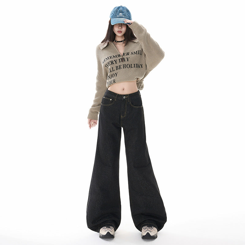 Black Denim Flared Pants for Women Loose Fit Wide Leg Tapered Bottoms Summer