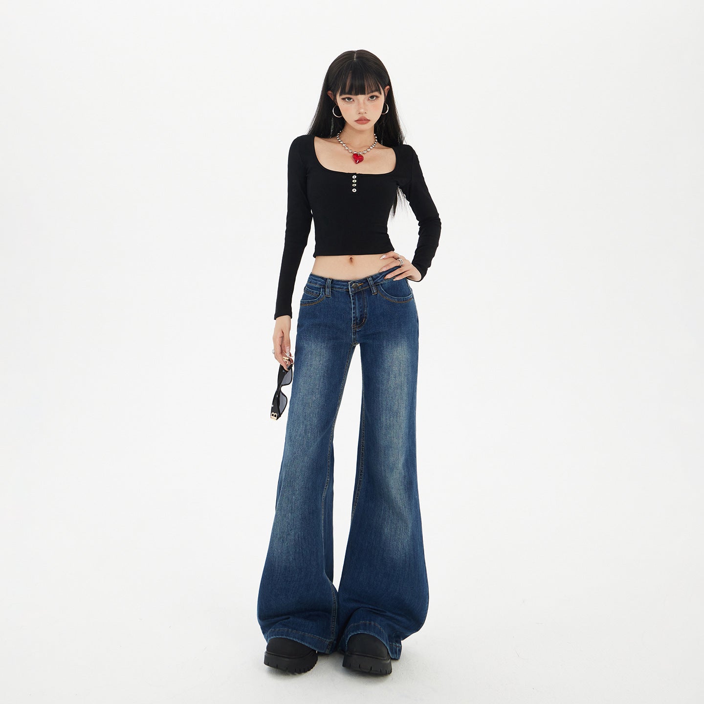 Blue Low-Waist Flared Jeans for Women Autumn Casual Versatile Hanging Flared Pants