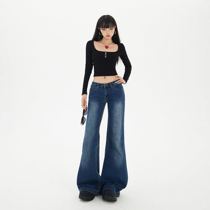 Blue Low-Waist Flared Jeans for Women Autumn Casual Versatile Hanging Flared Pants