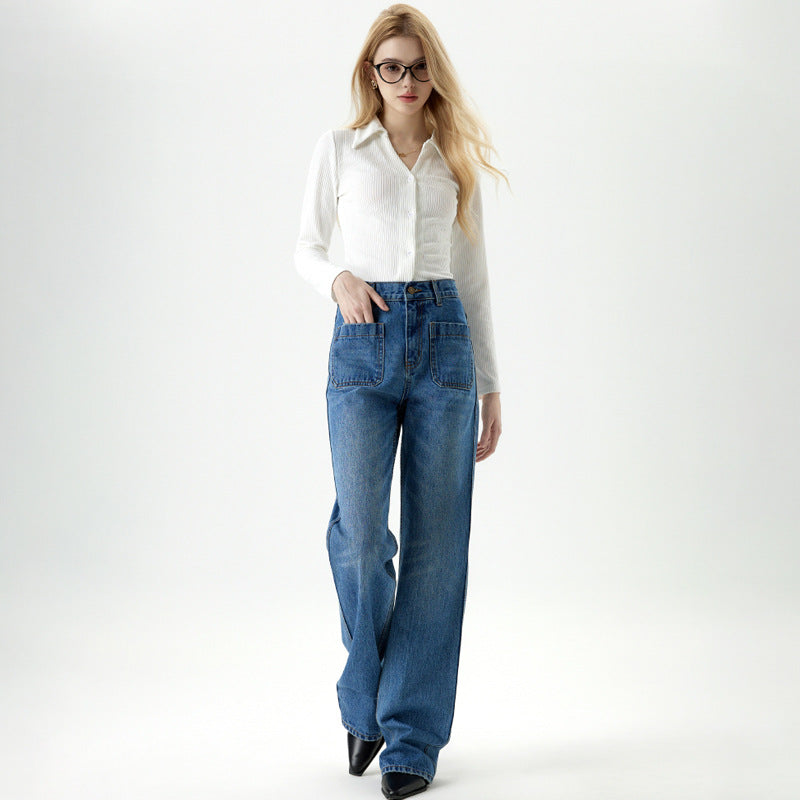 Loose Drape Straight Leg Jeans Women High Waist Slimming Wide Leg Floor-Length Pants